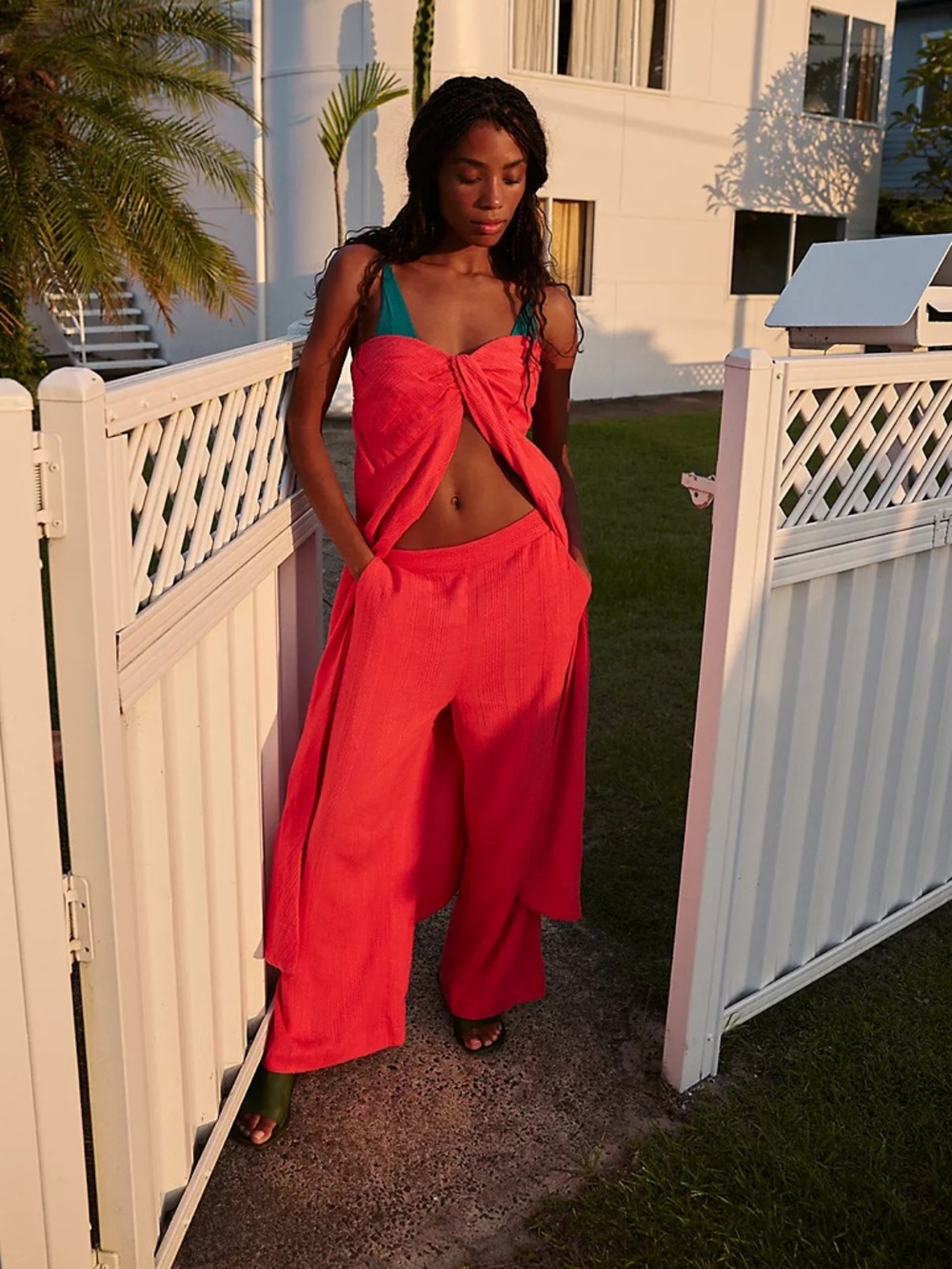 Free People Banita Wide Leg Linen Blend Bottoms Red Size XS